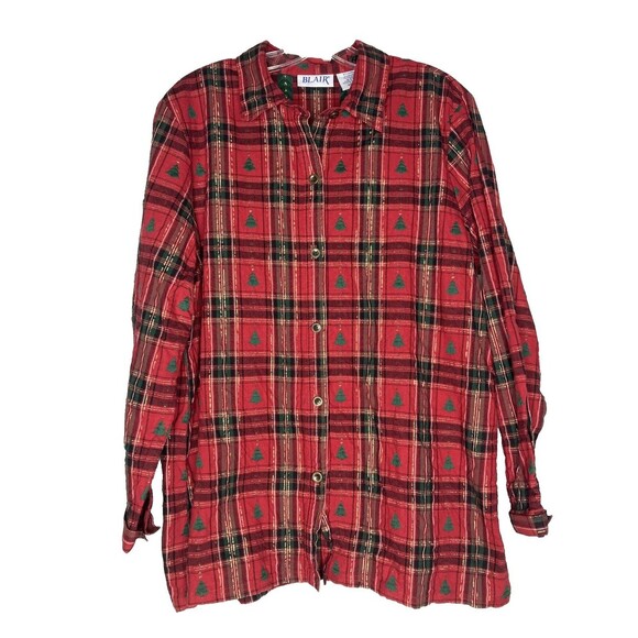 Vintage BLAIR Top Women Large Button Front Christmas Tree Embroidered Plaid - Picture 3 of 4
